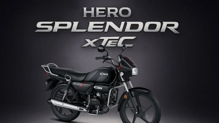Hero Splendor Xtec side profile showing alloy wheels and tubeless tyres