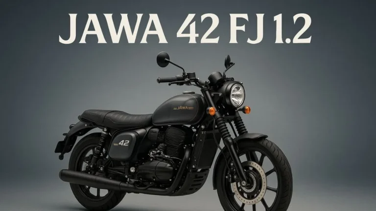 Jawa 42 FJ brushed aluminum tank with twin exhaust pipes