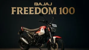 Bajaj Freedom 125 का फ्रंट लुक मस्कुलर एलॉय व्हील्स के साथ