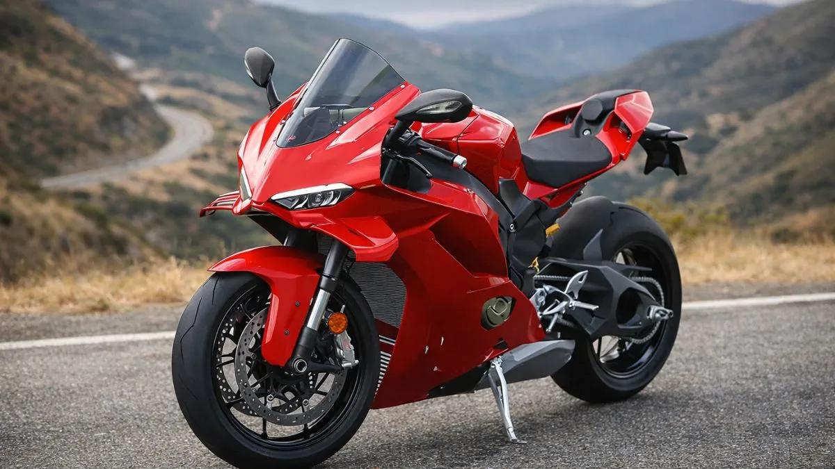Ducati Panigale V4 superbike front view in red color